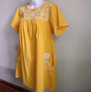 Pink City Prints Dress Yellow Embroidered Mexican XS
